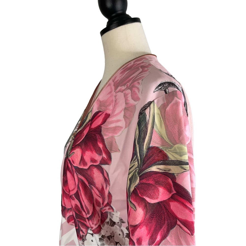 Ted Baker Bomber Jacket Pink Gray Mixed Floral Print Knit Back, Size 5 (US 12) - Picture 4 of 15
